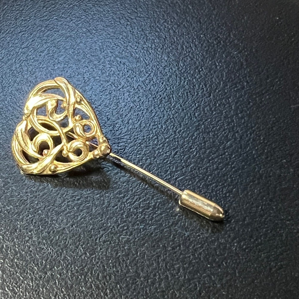 Vintage Heart Stick Pin Gold Tone Open Metal Work